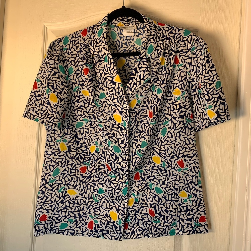 Vintage 90s Carriage Court Fit Tulip Print Blouse | Made in USA | Floral Artist